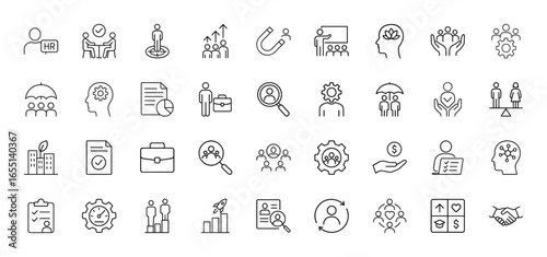 Human resources line icon set. Vector pictograms of HR, meeting, target, growth, team, talent, recruitment, management, career, support, thin linear illustration.