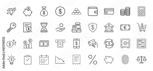 Finance line icon set. Vector pictograms of piggy bank, money bag, gold bars, wallet, credit card, bank, shopping cart, smartphone, safe, scales, thin linear illustration.