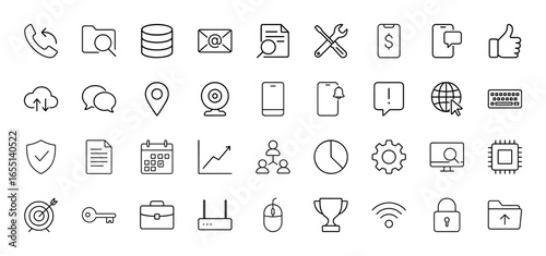 Business and communication line icon set. Vector pictograms of phone, database, mail, tools, smartphone, cloud, chat, location, keyboard, shield, graph, and gear, thin linear illustration.