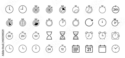 Time management line icon set. Vector pictograms of clocks, stopwatches, hourglasses, alarm clocks, countdown timers, and calendars, thin linear illustration.