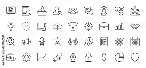 Business line icon set. Vector pictograms of user profiles, documents, teamwork, communication, planning, achievement, finance, and security, thin linear illustration.