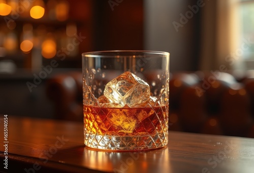 textured whiskey glass amber drink perfectly chilled ice elegant bar setting distinctive craftsmanship captivating visual appeal, barware, bartender