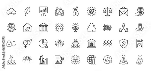 Sustainability line icon set. Vector pictograms of environmental, social, and governance themes, thin linear illustration.