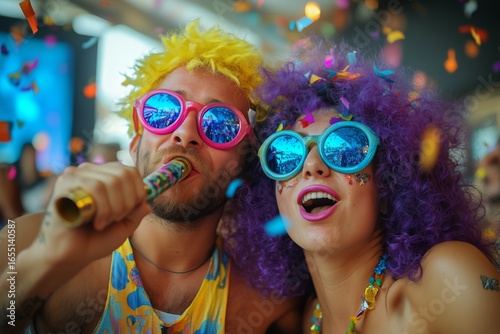 Colorful Celebration With Confetti and Joyful Friends at a Lively Party