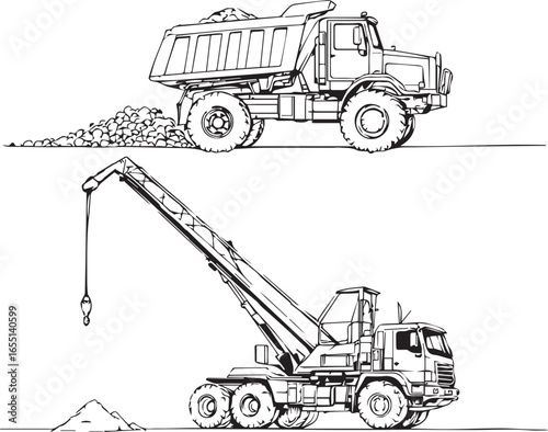 Black and white line drawings of a dump truck and crane truck, each surrounded by small piles of construction material