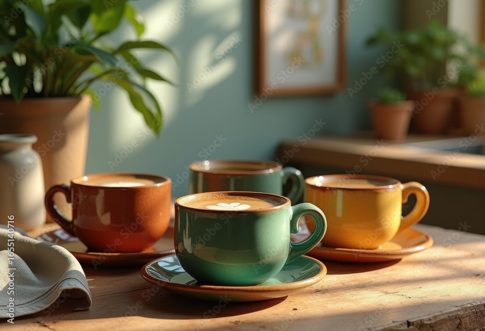 Fototapeta premium vibrant artisanal mugs beautifully crafted featuring colorful beverages freshly brewed ceramic handcrafted drinkware cozy atmosphere, coffee, tea, liquid, hot, cold
