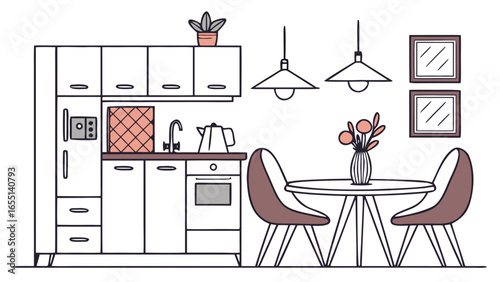 Dining Room and Kitchen Interiors Set – Modern Home Furniture and Decoration Vector