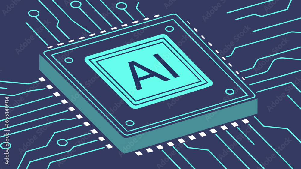 Fototapeta premium AI Chip with Glowing Neon Frame on Circuit Board – Artificial Intelligence Technology Vector