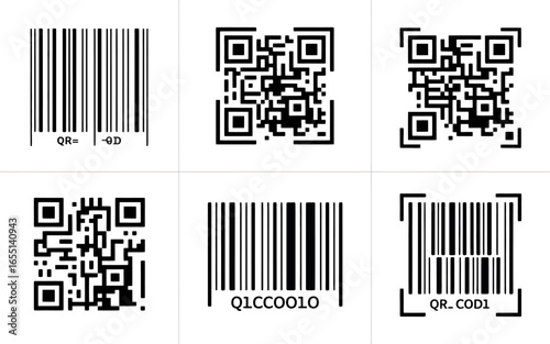 Collection of Barcodes and QR Codes for Modern Technology and Identification Systems Representing Data Encoded Information with Variations in Design