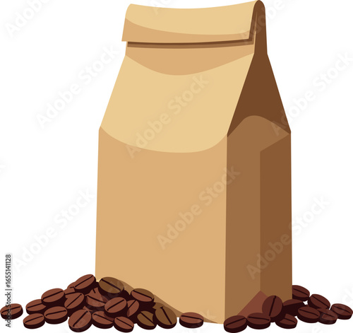 Brown paper coffee bag with coffee beans spilling out 
