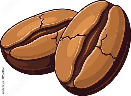 Two cracked coffee beans on a white background
