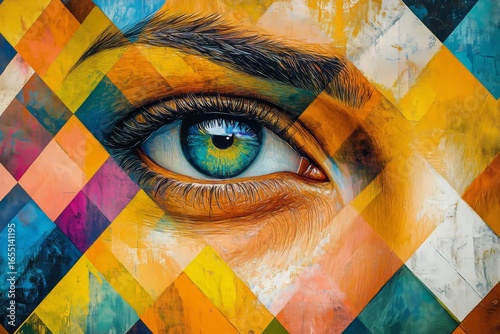 Engaging Eye Artwork Featuring Vibrant Colors and Geometric Patterns Reflecti...