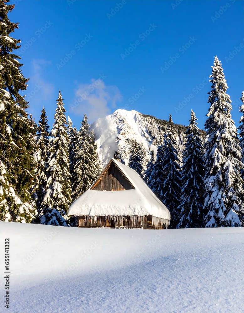 Fototapeta premium Snowy mountain cabin nestled in a wintry forest