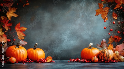 Fall Decoration With Pumpkins and Autumn Leaves in Warm Hues for Seasonal Cel...