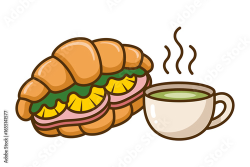 Delicious croissant sandwich with ham pineapple and matcha tea breakfast illustration for menu design