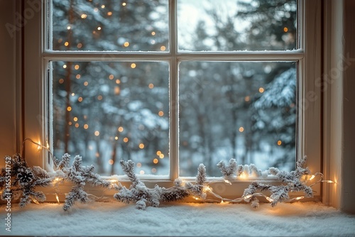 Winter Window View With Fairy Lights and Snow-Covered Trees During a Serene A...