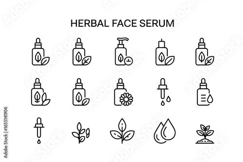 Collection of Herbal Face Serum Icons Representing Natural Skincare and Organic Beauty Products for Healthy Skin