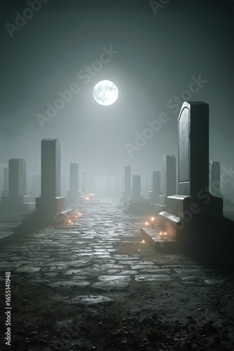 Cemetery Pathway Illuminated by Moonlight With Mist and Gravestones at Night