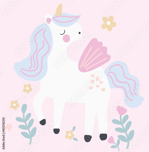 Vector illustration. Unicorn queen, unicorn wings, flowers, and a leaf. Background on pink, cute unicorn graphic for toddler girls and infant girls for t-shirt, poster, stickers, and banner, bags
