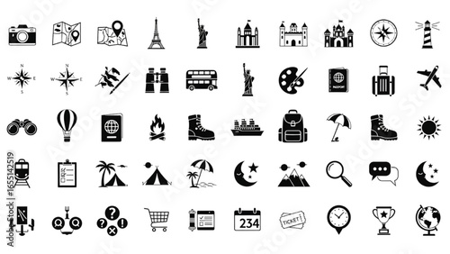 Sightseeing Trip Vector Icon Set – Adjustable Line Icons of Travel, Camera, Map, Monuments, Museums, and Adventure