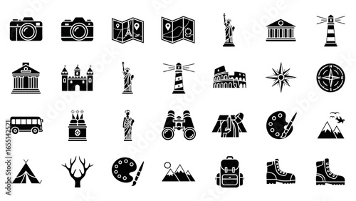Sightseeing Trip Vector Icon Set – Adjustable Line Icons of Travel, Camera, Map, Monuments, Museums, and Adventure