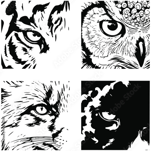 Vector art of a captivating compilation of four striking animal eyes, showcasing the intense gaze of a tiger, owl, cheetah, and leopard