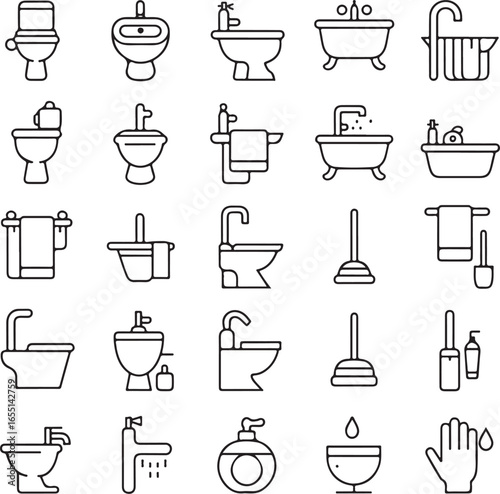 Bathroom Fixtures Line Icons Set – Toilets, Bidets, Sinks, Bathtubs, Hygiene Vector