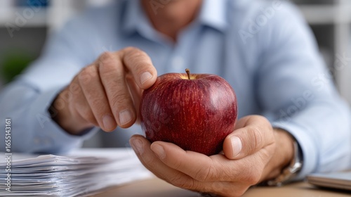 A close-up shot of a person's hand holding a vibrant red apple, symbolizing health and vitality in a work environment.