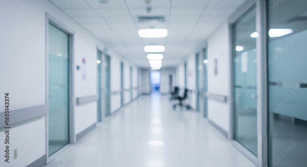 Naklejka premium Abstract Blurred Hospital Hallway - Clean Medical Interior Design with Bright Fluorescent Glow