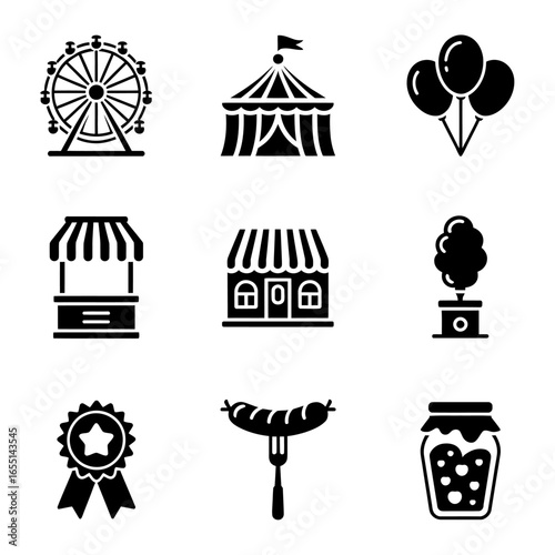 Fair Icons Collection Featuring Ferris Wheel Circus Tent Balloons and Food Stalls for Theme Park or Carnival Design Projects