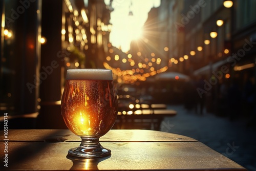 Sunlight Glistens Through a Golden Beer Glass on a Bustling Street During Eve...