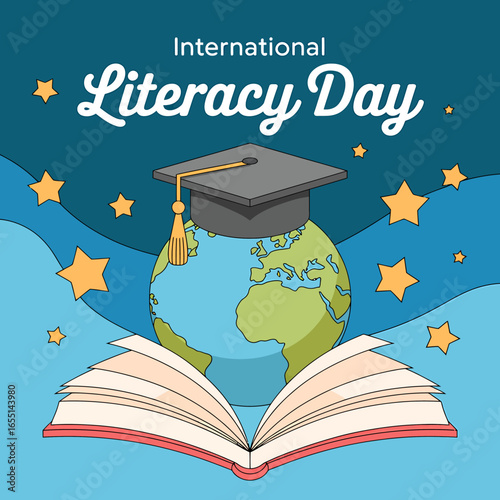 International Literacy Day Illustration with Graduation Cap Globe and Open Book Celebrating Education and Knowledge Worldwide