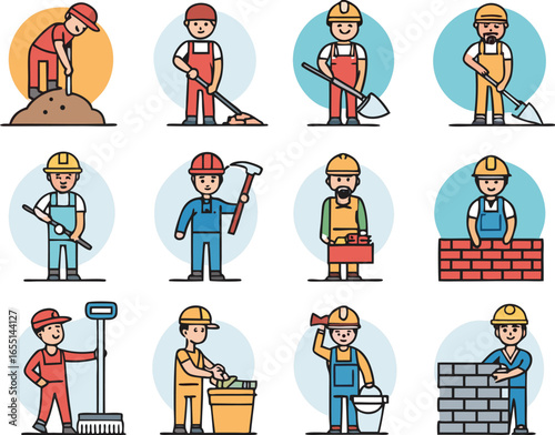 A collection of construction workers in various poses doing different jobs with tools and building materials