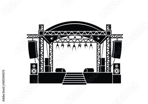 Concert Stage Silhouette with Lights and Sound System Ready for a Live Performance, Simple Theatrical Design