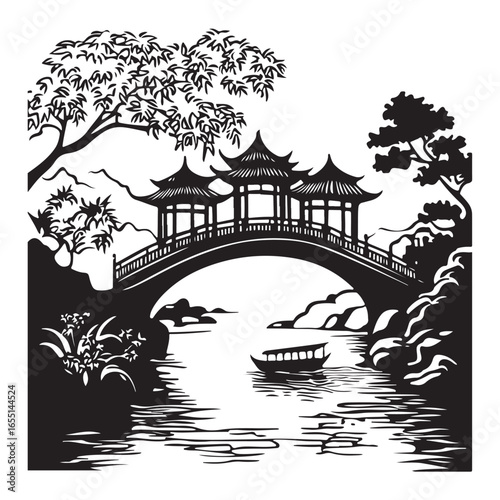 silhouette wooden bridge across the river full black color only