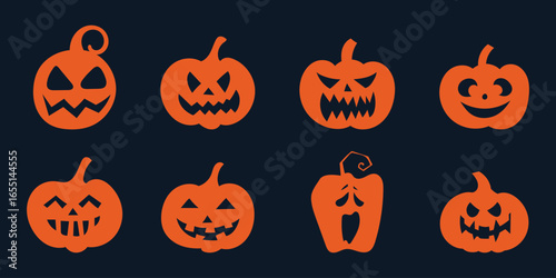 Silhouette of a pumpkin with a carved face, set of halloween pumpkins