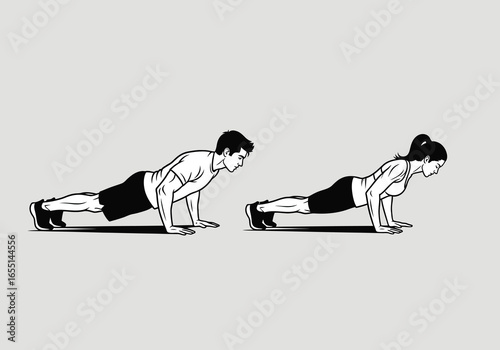 Man and Woman Demonstrating Proper Push Up Form for Exercise and Strength Training on a Gray Background Fitness Concept