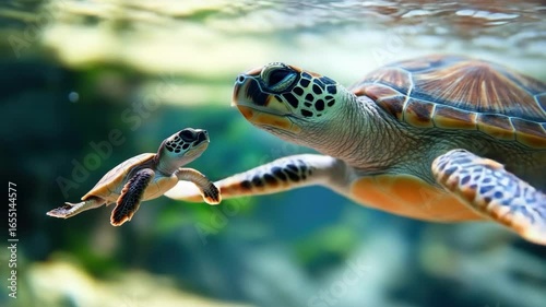 Close-up of sea turtle and hatchling swimming underwater in crystal clear ocean. Mother's Day, Mothering Sunday, Dia de la Madre - Global Maternal Celebration, Worldwide Family Holiday