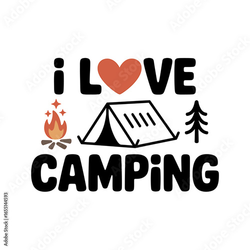 I Love Camping Vector Graphic with Tent Fire and Tree for Outdoor Adventures and Recreational Activities Promotion