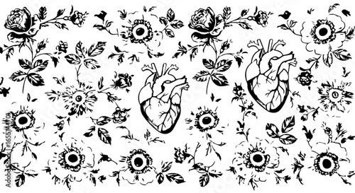 A black and white graphic pattern of anatomical hearts intertwined with vintagestyle roses and flowers.