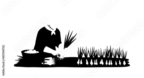 A black and white graphic silhouette of a farmer kneeling while harvesting onions.