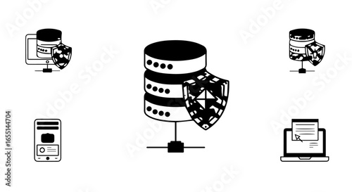 A black and white line art icon of a secure database server protected by a patterned shield representing data protection.