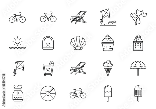 Summer Fun Line Art Depicting Beach Vacation Elements and Activities with Bicycles, Beach Chairs, and Refreshing Treats