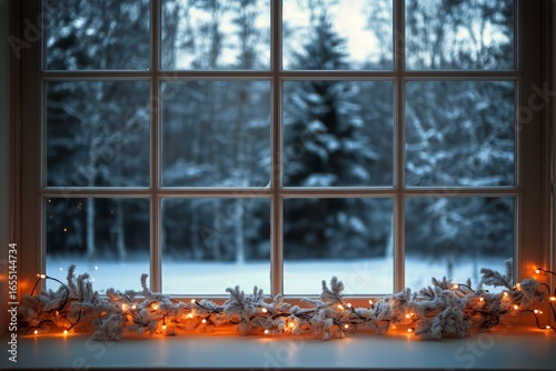 Winter Window View With Fairy Lights and Snow-Covered Trees During a Serene A...