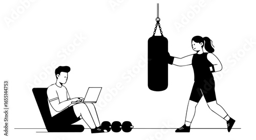 A black and white line art illustration of a woman boxing a heavy bag and a man working on a laptop.