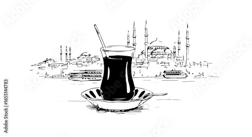 A black and white sketch of traditional Turkish tea served in a classic curvy glass with a small spoon on a saucer.