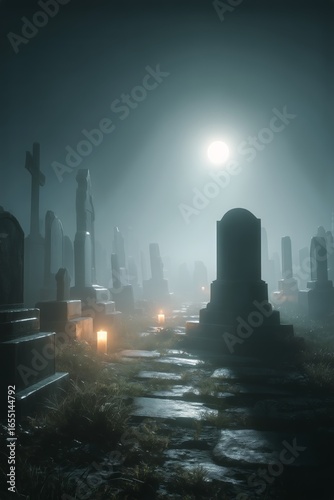 Cemetery Pathway Illuminated by Moonlight With Mist and Gravestones at Night.