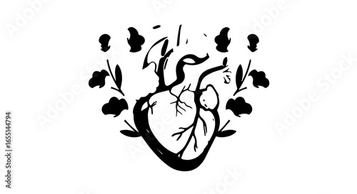 A black graphic illustration of an anatomical heart with arteries framed by symmetrical floral elements in a woodcut style.