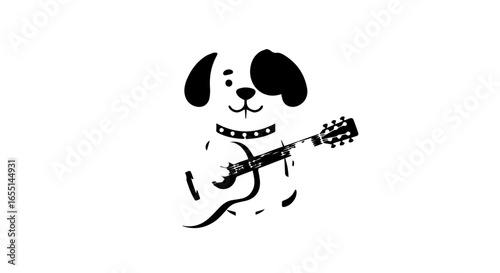 A charming black and white cartoon dog with a studded collar happily playing an acoustic guitar.