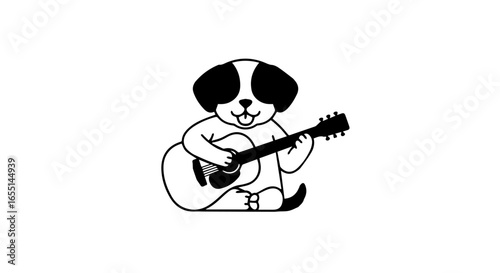 A charming black and white cartoon puppy sitting happily while playing an acoustic guitar.